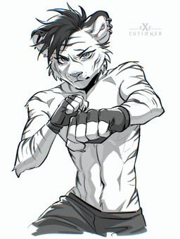 abs anthro bare_torso clothing gloves handwear male mma_gloves piercing solo white_body taurus666 finnian_ennis felid mammal pantherine tiger hi_res
