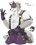 anthro bottomwear clothed clothing duo fur gloves grey_body grey_fur handwear kemono looking_at_viewer male muscular muscular_anthro muscular_male open_clothing pants purple_clothing shirt topwear white_clothing izm_rm7 lifewonders live_a_hero protagonist_(live_a_hero) vulpecula canid canine fox human mammal 2023 4:5 absurd_res hi_res