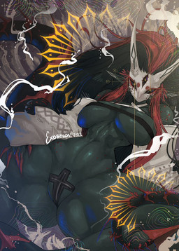3_eyes accessory anthro black_sclera curvy_figure facial_markings feather_in_hair feathers feet_up female green_body green_skin hair hair_accessory head_markings horn horn_markings jewelry loose_feather markings mexican_dress multi_eye pasties pawpads red_hair solo spread_legs spreading tail tail_feathers voluptuous exobelos ixkan_(exobelos) demon scalie hi_res
