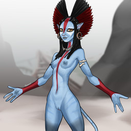 blue_body blue_skin eyeshadow female genitals makeup nipples nude outside piercing tail tattoo tribal vulva hexecat james_cameron's_avatar varang_(avatar) alien humanoid na'vi absurd_res hi_res