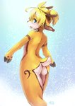 abstract_background alternate_species anthro backsack balls blonde_hair blush butt deer fur furrification genitals girly hair hi_res hoof_hands hooved_hands hooves horn kagamine_len kemono looking_at_viewer looking_back male mammal multicolored_body multicolored_fur nude ponytail rear_view shiitakemeshi solo thumbless vocaloid walking white_body white_fur yellow_body yellow_fur