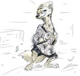 anthro backpack barefoot biped blue_eyes bottomwear clothed clothing feet fluffy fluffy_tail fully_clothed fur shirt shorts simple_background solo standing tail topwear white_background white_body white_fur nobby_(artist) disney zootopia skye_(zootopia) arctic_fox canid canine fox mammal true_fox hi_res sketch