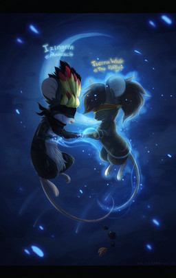 ambiguous_gender anthro black_body black_fur black_kerchief black_neckerchief blindfold brown_body brown_fur brown_hair duo feather_headdress floating fur gameplay_mechanics hair headdress kerchief neckerchief neckwear ponytail semi-anthro tail username white_body white_fur hioshiru transformice mammal mouse murid murine rodent 2013 digital_media_(artwork) digital_painting_(artwork) hi_res painting_(artwork) shaded