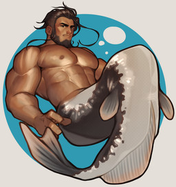 areola beard brown_eyes brown_hair facial_hair fin hair legless looking_at_viewer male muscular muscular_humanoid muscular_male nipples pecs solo split_form ruisselait aquatic humanoid merfolk hi_res