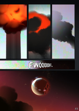 after_explosion black_smoke building burning damaged fire glowing moon not_furry orange_glow orange_light red_moon sky smoke text tower zero_pictured rednroge comic hi_res
