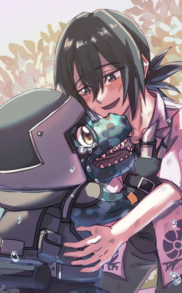 anthro armor black_hair blush bodily_fluids claws crying digital_camo duo hair headgear helmet hug kevlar male military ponytail soldier tears warrior yellow_eyes nequlhu bandai_namco digimon digimon_beatbreak haruomi_sone commandramon digimon_(species) human mammal scalie 5:8 hi_res