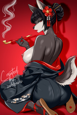 accessory anthro asian_clothing bangs big_breasts black_hair breasts butt casual_exposure clothed clothing east_asian_clothing exposed_breasts eyelashes female female_anthro flower_accessory footwear fur fuzzy grey_body grey_fur hair hair_accessory hair_bun half-closed_eyes holding_object japanese_clothing kimono kiseru kneeling lipstick looking_at_viewer looking_back makeup narrowed_eyes nipples partially_clothed pipe pointy_ears pose prick_ears red_background red_eyes sandals shoes simple_background smoke smoking smoking_pipe solo tail text iamzavix canid canine mammal absurd_res artist_name colored detailed digital_drawing_(artwork) digital_media_(artwork) hi_res pinup signature