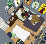 apartment bed bird's-eye_view bookshelf brown_body brown_fur cellphone clothing computer electronics footwear fur furniture high-angle_view lamp laptop laundry_basket male phone poster shoes takeout_box tabbiewolf british_broadcasting_corporation doctor_who jason_mraz portal_(series) valve johnpaul_(tabbiewolf) weighted_companion_cube canid canine dalek fox mammal