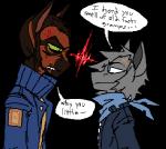 age_difference anthro clothed clothing dialogue duo jacket male scar scarf speech_bubble sweater text topwear xx-heartattack kota_blakwulf luke canid canine canis fox hybrid mammal wolf english_text low_res