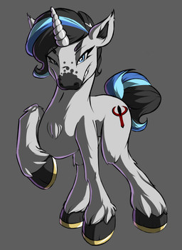 black_eyebrows black_hair black_hooves blue_eyes eyebrows feral fur grey_background grey_body grey_fur grey_horn hair hooves horn horseshoe looking_at_viewer male simple_background solo tail teeth moomookins hasbro my_little_pony mythology equid equine horse mammal mythological_creature mythological_equine pony unicorn hi_res shaded