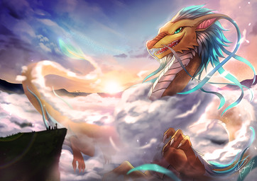 ambiguous_gender blue_eyes cloud fangs feral glistening glistening_eyes open_mouth orange_body pupils red_tongue scales slit_pupils solo sunset tail tail_tuft teeth tongue tuft white_body white_scales penguinexperience mythology dragon mythological_creature mythological_scalie scalie signature