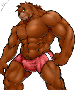 abs anthro athletic balls_outline biceps big_muscles biped black_nose boxer_briefs brown_body brown_fur bulge clothed clothing detailed_bulge fur genital_outline green_eyes looking_at_viewer male muscular muscular_anthro muscular_male navel pecs pose red_clothing red_underwear simple_background solo standing topless underwear white_background kenaihand bear brown_bear grizzly_bear mammal ursine 2012 dated hi_res signature