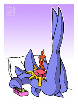 ambiguous_gender anthro butt food gradient_background head_on_pillow holding_object legs_up lying multicolored_body nude on_back pillow poke_puff simple_background solo white_pillow yellow_body darksilvania crackers_in_bed_pose nintendo pokemon generation_4_pokemon generation_9_pokemon mega_evolution mega_starmie pokemon_(species) rotom rotom_phone hi_res