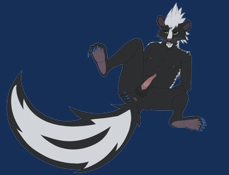 animal_genitalia anthro balls bodily_fluids butt genital_fluids genitals lying male mohawk nipples on_back overweight penis precum presenting presenting_hindquarters raised_leg sheath solo spread_butt spreading neko_redwing dazzays mammal mephitid skunk absurd_res hi_res