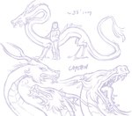 ambiguous_gender duo fangs feral forked_tongue horn male open_mouth quadruped simple_background size_difference tail tail_tuft teeth tongue tuft white_background softending mythology captain_(softending) dragon eastern_dragon human mammal mythological_creature mythological_scalie scalie hi_res sketch