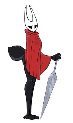 anthro arthropod_abdomen biped black_body black_eyes butt cloak clothing eyebrows female fingers holding_melee_weapon holding_object holding_weapon looking_at_viewer melee_weapon red_cloak red_clothing side_view simple_background solo standing weapon white_background bav hollow_knight_(franchise) team_cherry hornet_(hollow_knight) arthropod 2024 hi_res