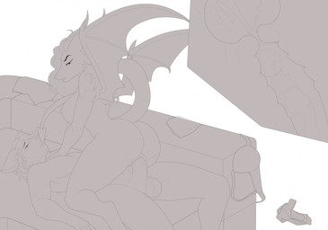 anthro areola bodily_fluids breasts butt cum cum_inside duo female furniture genital_fluids genitals male male/female membrane_(anatomy) membranous_wings nude penetration sex sofa sofa_sex tail vulva wings elcastorblanco mythology dragon felid feline mammal mythological_creature mythological_scalie scalie hi_res line_art