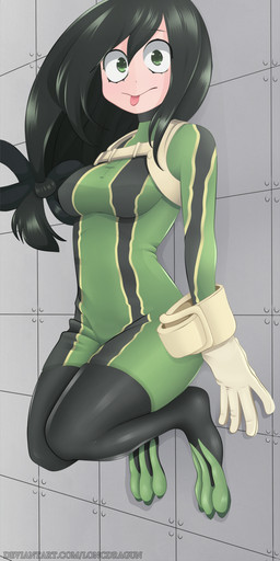 3_toes alternate_version_in_description breasts clothed clothed_female clothed_humanoid clothing feet female female_humanoid fingers fully_clothed fully_clothed_female fully_clothed_humanoid gloves green_clothing green_eyes hair handwear long_hair looking_at_viewer medium_breasts solo text toes tongue tongue_out white_clothing white_gloves white_handwear ioncdragun my_hero_academia asui_tsuyu amphibian amphibian_humanoid animal_humanoid frog_humanoid humanoid 2019 digital_media_(artwork) hi_res shaded url watermark