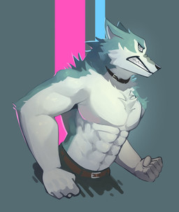 abs anthro belt biceps blue_body blue_eyes blue_fur blue_hair bottomwear clothed clothing collar fur hair male muscular muscular_anthro muscular_male pecs simple_background solo topless cilok brand_new_animal studio_trigger shirou_ogami canid canine canis mammal wolf 2020 digital_media_(artwork) digital_painting_(artwork) hi_res painting_(artwork)