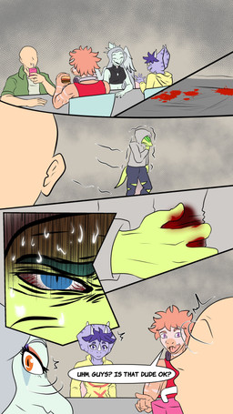 abstract_background amber_eyes anthro bald blood blue_eyes bodily_fluids bottomwear burger clothing denim denim_bottomwear denim_clothing dialogue electronics eyelashes eyeliner female food freckled_face freckles frill_(anatomy) green_body green_clothing green_hair green_jacket green_scales green_topwear grey_body grey_clothing grey_hair grey_hoodie grey_scales grey_topwear group hair halter_top headphones headphones_around_neck hoodie jacket jeans jewelry juice_box light-skinned_male light_body light_skin long_tail makeup male midriff motion_lines multicolored_body multicolored_scales necklace orange_body orange_hair orange_scales pants pink_body pink_scales pink_stripes purple_body purple_eyes purple_hair purple_scales scales short_hair striped_body striped_scales stripes tail text topwear torn_bottomwear torn_clothing torn_jeans torn_pants two_tone_body two_tone_scales fuegosonic93 cavemanon_studios goodbye_volcano_high ko_op_(game_developer) snoot_game anon_(snoot_game) fang_(gvh) milhouse_(gvh) reed_(gvh) trish_(gvh) ceratopsian ceratopsid chasmosaurine dilophosaurid dilophosaurus dinosaur dromaeosaurid human mammal marginocephalian ornithischian prehistoric_species pterodactylus pterosaur reptile saurischian scalie theropod triceratops velociraptor 2025 4k 9:16 absurd_res comic digital_drawing_(artwork) digital_media_(artwork) english_text hi_res