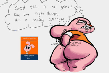 anthro big_butt bodily_fluids butt clothing digging_into_butt dress exclamation_point female loli narrowed_eyes pink_body saliva solo text thick_thighs thought_bubble wide_hips young young_anthro young_female raknytro cartoon_network the_amazing_world_of_gumball anais_watterson lagomorph leporid mammal rabbit english_text