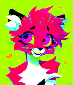 ambiguous_anthro ambiguous_gender anthro black_nose dipstick_ears ear_markings front_view fur green_background green_sclera hair inner_ear_fluff looking_aside multicolored_ears purple_eyes red_body red_fur red_hair simple_background smile solo tuft whiskers white_body white_fur white_inner_ear_fluff lostgoose felid mammal 2025 absurd_res bust_portrait dated hi_res portrait signature
