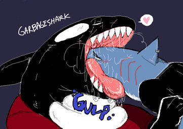 ambiguous_gender anthro anthro_pred anthro_prey black_body black_fin blue_body blue_eyes bodily_fluids clothing dorsal_fin duo fin gills head_first heart_symbol in_mouth oral_vore red_clothing red_shirt red_topwear saliva shirt topwear vore garbageshark aquatic cetacean dolphin fish mammal oceanic_dolphin orca shark toothed_whale