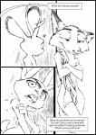 2017 absurd_res anthro balls black_and_white canid canine comic covering covering_self crossed_arms dialogue digital_drawing_(artwork) digital_media_(artwork) disney duo english_text female fox genitals hi_res judy_hopps lagomorph leporid male mammal monochrome nick_wilde nude rabbit red_fox sexual_tension shower simple_background speech_bubble text thewyvernsweaver towel true_fox wet zootopia