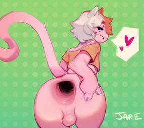 after_anal anthro anus backsack balls big_gape clothing femboy gaping gaping_anus genitals hair heart_symbol huge_gape hyper_gape inviting looking_at_viewer looking_back looking_back_at_viewer looking_pleasured male pink_body red_hair shirt solo tank_top topwear white_hair icetf jare domestic_cat felid feline felis mammal absurd_res hi_res signature