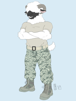 abstract_background anthro boots bottomwear camo camo_bottomwear camo_clothing camo_pants camo_print cargo_pants clothing combat_boots covered_eyes crossed_arms curved_horn ears_down footwear fur horn male military military_pants military_uniform pants pattern_bottomwear pattern_clothing pattern_pants pivoted_ears shirt shoes smile soldier solo stocky t-shirt topwear uniform warrior white_body wool_(fur) nautilusbomb bovid caprine mammal sheep 2018 3:4 hi_res