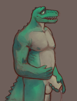 5_fingers balls bodily_fluids brown_background fingers genital_fluids genitals green_body green_eyes green_skin holding_penis leaking_precum male nipples penis precum simple_background solo tail tan_body tan_skin teeth sharkinthepark crocodile crocodilian reptile scalie 2025 absurd_res hi_res