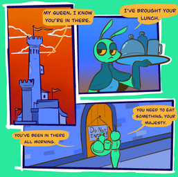 anthro bottle building cloche container cup dialogue do_not_enter_sign door female mug solo speech_bubble text tower tray vanilla_candy unicorn_blood_(comic) aspen_(vanilla_candy) arthropod insect comic english_text hi_res restricted_palette