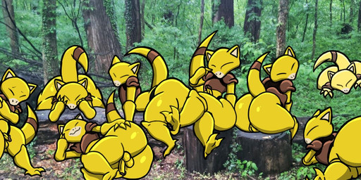 anthro backsack balls big_butt butt crossed_legs eyes_closed forest genitals group hand_on_hip head_on_hand huge_butt leaning leaning_forward leaning_over log looking_at_another looking_at_viewer looking_back looking_back_at_viewer lying male on_front on_side outside peeping penis photo_background plant presenting presenting_hindquarters raised_tail shortstack shy sitting smile straddling tail tree tree_stump wood yellow_body hyenakenisis nintendo pokemon abra generation_1_pokemon pokemon_(species) shiny_pokemon photography_(artwork)