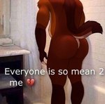 anthro big_butt brown_body brown_fur butt countershade_fur countershading faceless_character fur humanoid_hands male male_anthro nude photo_background raised_tail rear_view solo standing tail tan_body tan_countershading tan_fur text maligaytor everyone_is_so_mean_to_me akamai_(maligaytor) canid canine canis hybrid jackal mammal maned_wolf 2021 digital_drawing_(artwork) digital_media_(artwork) draw_over english_text hi_res meme paint_tool_sai_(artwork) photography_(artwork) shaded soft_shading