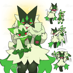 ambiguous_gender anthro biped blush butt closed_smile duo feet front_view fur green_body green_fur green_tail mouth_closed pawpads paws pink_body pupils red_eyes short_tail simple_background smile soles standing tail tontaro nintendo pokemon felid feline floragato generation_9_pokemon mammal meowscarada pokemon_(species) 1:1