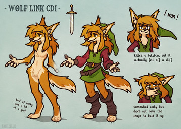 5_fingers alternate_species anthro bangs belt boots brown_body brown_boots brown_clothing brown_footwear brown_fur brown_gloves brown_handwear brown_nose cape cloak clothed clothing cosplay digitigrade fangs fantasy_clothing featureless_crotch fingers fluffy fluffy_tail footwear fur furrification gloves green_clothing green_shirt green_topwear green_tunic grin hair handwear head_tuft hood humor long_ears long_hair male medieval_clothing melee_weapon multicolored_body multicolored_fur multiple_angles nude parody pawpads pointy_ears satchel shirt shoes slim smile smirk solo sword tail teeth text topwear tuft tunic weapon white_body white_fur bagelcollie nintendo the_legend_of_zelda link canid canine canis mammal wolf 2023 colored digital_media_(artwork) english_text model_sheet shaded