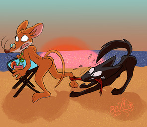 3_toes anthro ass_up beach bent_legs beverage bite black_body black_eyes black_fur bodily_fluids brown_nose butt cheek_tuft clenched_teeth clothed clothing constricted_pupils container coppertone_pose cup curling_tail digitigrade drinking_straw duo ears_back eye_bags eyewear eyewear_only facial_tuft fangs feet feral floating_eyebrows fur glance glancing_back glasses glasses_only head_tuft holding_beverage holding_container holding_cup holding_object humanoid_heel humor lines_drawn logo looking_at_another looking_back looking_back_at_another male motion_lines multicolored_body multicolored_fur nude nude_beach open_mouth orange_body orange_fur outdoor_nudity outside parody partially_clothed paws pink_inner_ear pivoted_ears plantigrade pose pupils rear_view red_clothing red_underwear sand scared sea shadow sharp_teeth shocked silly_straw small_pupils spine sunset sweat sweatdrop tail teeth toes tuft two_tone_body two_tone_feet two_tone_fur underwear underwear_down water wearing_glasses whiskers white_body white_fur white_sclera white_soles wide_eyed wide_hips thebigblackcod coppertone_(sunscreen) geronimo_stilton_(series) geronimo_stilton canid canine canis domestic_dog mammal moondog mouse murid murine rodent 2025 artist_logo colored crossover dated digital_drawing_(artwork) digital_media_(artwork) hi_res pinup shaded signature warm_colors