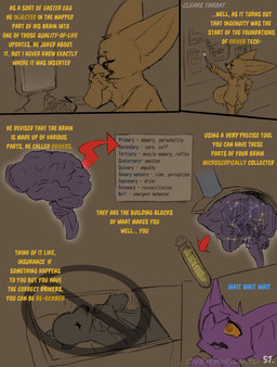 anthro blue_text brain coffin comic_panel computer corpse dialogue electronics eyewear glasses organs pointer purple_body spiral spiral_eyes text yellow_text conditional_dnp dacad nemo_(dacad) zipper_(dacad) bat canid canine fox mammal comic english_text hi_res restricted_palette