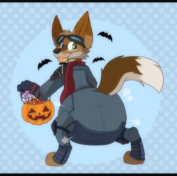 3_toes ambiguous_gender anthro big_diaper black_nose blue_background bodysuit brown_body brown_ear_tips brown_ears brown_fur brown_inner_ear brown_tail candy clean_diaper clothed clothing cloud_emanata costume dessert diaper diaper_puff diaper_under_clothing dipstick_ears dipstick_tail dotted_background ear_markings eating_candy emanata eyewear eyewear_on_head fangs feet food food_in_mouth fur gloves goggles goggles_on_head grey_bodysuit grey_clothing grey_gloves grey_handwear grey_skinsuit halloween_costume handwear heterochromia holding_object holidays huge_diaper knee_pads lollipop lollipop_in_mouth looking_back markings multicolored_ears multicolored_tail pattern_background pumpkin_basket red_scarf scarf shoulder_pads simple_background skinsuit smile solo tail tail_markings tan_body tan_fur tan_tail tan_tail_tip teeth three-quarter_view tight_clothing toes wearing_diaper whisker_spots jupiters guardians_of_the_galaxy halloween marvel asher_bowman rocket_raccoon bat canid canine canis coyote mammal full-length_portrait hi_res letterbox portrait