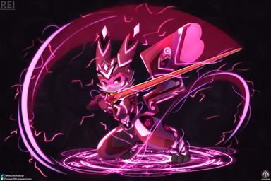anthro armor attack_pose clothing female magic magic_circle melee_weapon neon pink_armor solo streetwear sword techwear text weapon senz nintendo pokemon reimachu generation_1_pokemon pikachu pokemon_(species) absurd_res hi_res url
