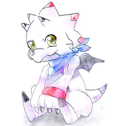 anthro claws horn kerchief male neckerchief neckwear simple_background sitting solo tail white_background white_body wings yellow_eyes sig221218 bandai_namco digimon digimon_(species) gammamon 1:1 hi_res