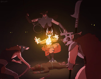 ambush anthro arm_cuffs armor assassin bandage_wraps battle behind_another bottomwear clothing darkness electricity feet foot_on_butt glave glowing glowing_eyes grin group imminent_loss loincloth male melee_weapon smile tail talons toes weapon dlrp99 warhammer_(franchise) electro_tiger packmaster stormvermin felid impim mammal pantherine rodent skaven tiger hi_res