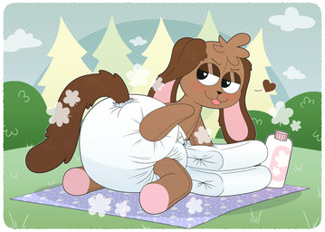 anthro baby_powder bedding big_diaper blanket blue_blanket blush brown_body brown_fur brown_heart clean_diaper clothed clothing cloud diaper diaper_fetish diaper_only diaper_squish evergreen_tree flirting flirting_with_viewer fur grass half-closed_eyes hand_on_diaper head_tuft heart_eyes heart_symbol huge_diaper looking_at_viewer looking_back male narrowed_eyes pine_tree plant plushie presenting presenting_diaper shrub sky skyscape solo stitch_(sewing) tongue tongue_out topless touching_diaper tree tuft wearing_diaper white_diaper tenerius floppy_(hypnotoyskylar) animate_inanimate domestic_cat felid feline felis hybrid lagomorph leporid living_plushie mammal rabbit absurd_res hi_res shaded