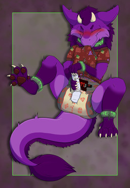 ageplay anthro blush bodily_fluids chain clothed clothing collar cuff_(restraint) diaper feces fur genital_fluids horn infantilism male mane masturbation onesie open_onesie pawpads paws purple_body purple_fur restraints roleplay runes sex_toy shackles soiled_diaper soiling solo unclean_diaper urine used_diaper vibrator wand_vibrator wearing_diaper wet_diaper wetting bippy_(artist) mythology weejay dragon furred_dragon furred_scalie mythological_creature mythological_scalie scalie absurd_res digital_media_(artwork) hi_res