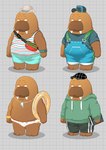 anthro bottomwear brown_body clothing hat headgear headwear hoodie male multiple_poses overalls overweight overweight_anthro overweight_male pose shirt shorts solo swimwear topwear tusks kumahachi0925 odd_taxi hiroshi_odokawa_(odd_taxi) mammal marine pinniped walrus 2021 hi_res