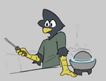 anthro beak black_body black_feathers cherenkov_radiation clothing feathers green_clothing imminent_death male screwdriver shirt simple_background solo tools topwear yellow_beak shellsist demon_core avian bird 2020 flat_colors sketch