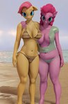 anthro anthrofied beach bikini bikini_bottom bikini_top clothing duo eyewear female glasses o-ring o-ring_bikini o-ring_bikini_top seaside side-tie_bikini side-tie_clothing side-tie_swimwear string_bikini swimwear triangle_bikini two-piece_swimsuit morethreedee friendship_is_magic hasbro my_little_pony fluttershy_(mlp) pinkie_pie_(mlp) equid equine mammal 3d_(artwork) digital_media_(artwork) hi_res