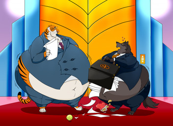 anthro bag_of_chips ball belly big_belly bodily_fluids bottomwear briefcase chips_(food) claws clothed clothing duo elevator eye_contact food fur heart_symbol holding_briefcase holding_object holding_paper looking_at_another male markings morbidly_obese morbidly_obese_anthro morbidly_obese_male mouth_closed navel necktie obese obese_anthro obese_male overweight overweight_anthro overweight_male pants paper paws standing striped_body striped_fur striped_markings striped_tail stripes suit suit_jacket sweat sweatdrop tail tail_markings whiskers hectorthewolf disney talespin the_jungle_book akela_(jungle_book) shere_khan canid canine canis felid mammal pantherine tiger wolf 2025 hi_res
