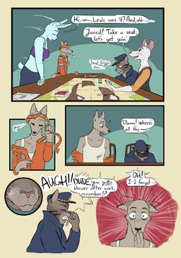 accessory anthro bowing breasts clothed clothing dialogue ear_piercing female fur group headband industrial_piercing jared_(halcyon) lewis_(halcyon) male piercing simple_background smile sunflower_(halcyon) tail text lost_andsafe halcyon_(series) canid canine canis domestic_cat felid feline felis lagomorph leporid mammal murid murine rabbit rat rodent wolf 2025 absurd_res comic digital_media_(artwork) english_text hi_res