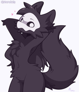 ambiguous_gender anthro big_tail black_body black_fur bone bone_mask chest_tuft crotch_tuft fur hair hands_behind_head heart_symbol long_hair looking_at_viewer mask navel pose skull skull_mask solo tail text tuft zarckets changed_(video_game) puro_(changed) canid canine canis goo_creature mammal wolf 2024 artist_name colored dated digital_drawing_(artwork) digital_media_(artwork) signature